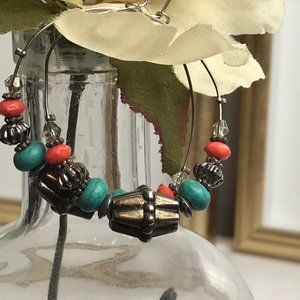 Coral and Blue Bohemian Hoop Earrings